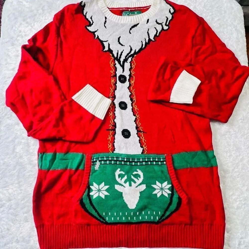 Ugly Christmas Sweater Womens Red White Santa Suit Knit Holiday Sweater L NWOT